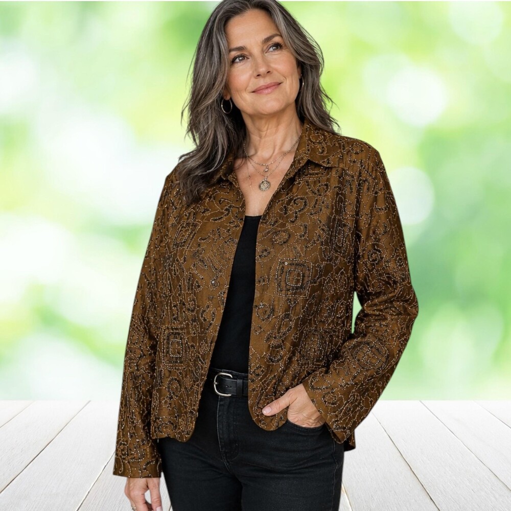 Vintage CHICOS Silk Jacket Beaded Embroidered Sequin Boho Brown Open Size 2 (L)